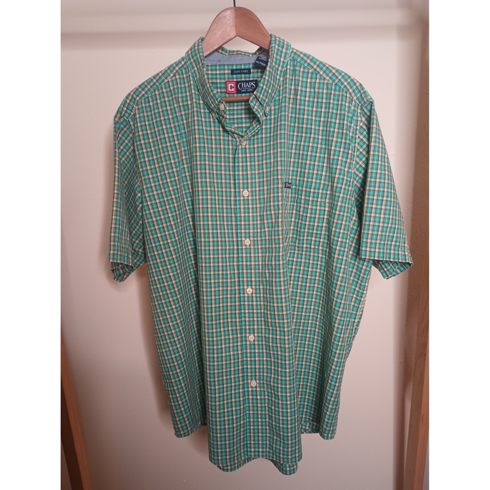 Chaps Mens Green Plaid Casual 2XL Easy Care Button Down Shirt Short Sleeve